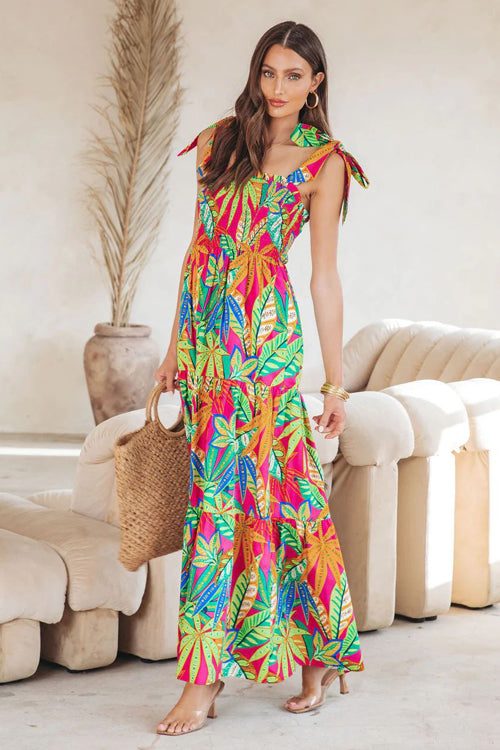 Smocked Square Neck Tie Shoulder Tiered Tropical Floral Maxi Dress