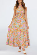 Criss Cross Halter Backless Cut Out Slit Floral Maxi Dress