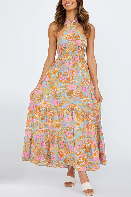 Criss Cross Halter Backless Cut Out Slit Floral Maxi Dress