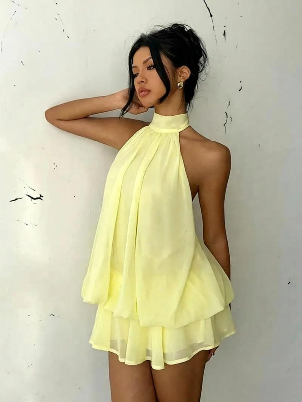 Chiffon Ruffle Halter Neck And Backless Mini&Short Dresses