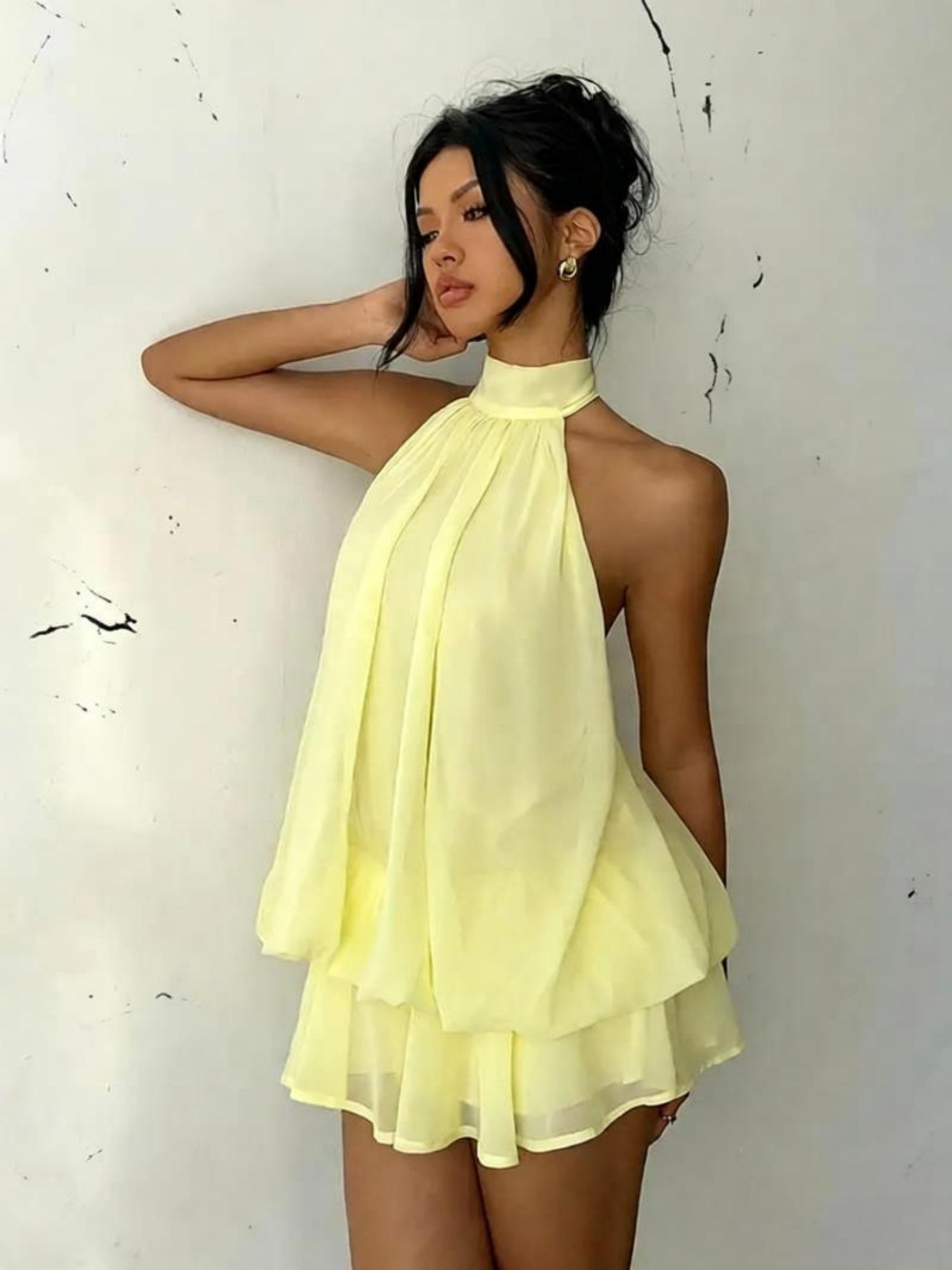 Chiffon Ruffle Halter Neck And Backless Mini&Short Dresses