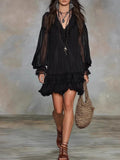 V-neck, Fitted Waist, Ruffled Trim Midi Dresses