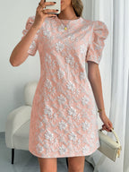 Flower Jacquard Round Neck Puff Sleeves Mini&Short Dresses