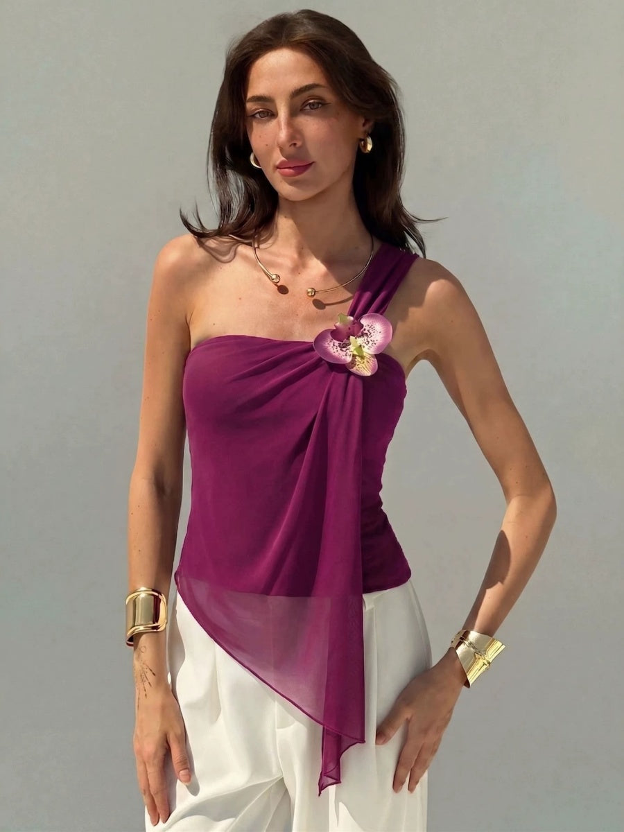 Irregular Mesh Sloping Shoulders 3D Flowers Camisoles