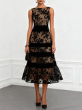 Black Mesh Flocked Jacquard Patchwork Slim-fit Midi Dress