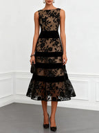 Black Mesh Flocked Jacquard Patchwork Slim-fit Midi Dress