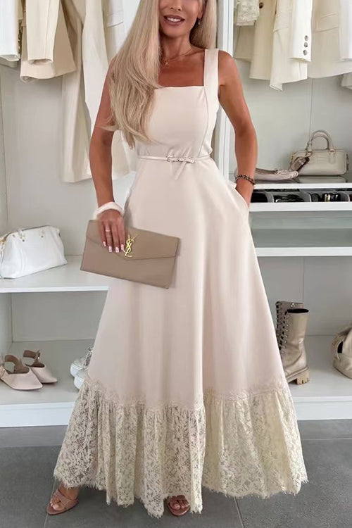 Square Neck Pocketed Lace Splice Maxi Cami Dress