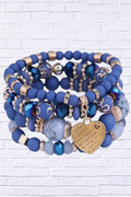 Chic & Meaningful _ Blue Beaded Stretch Bracelet Set with Heart Charm