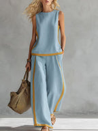 Sleeveless Color-blocked Wide-leg Pants Two-piece Set