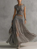 Gray Knit Top And Chiffon Long Skirt Set, Flowy Two-piece Set