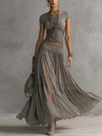 Gray Knit Top And Chiffon Long Skirt Set, Flowy Two-piece Set