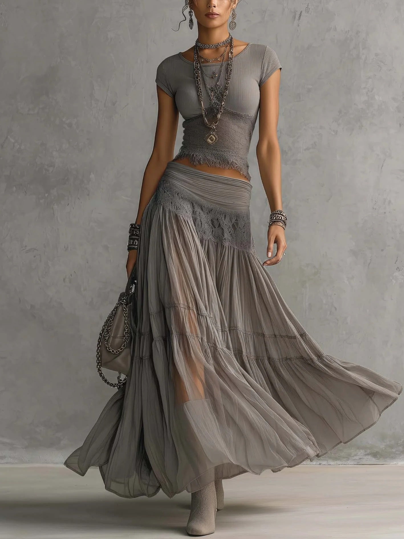 Gray Knit Top And Chiffon Long Skirt Set, Flowy Two-piece Set