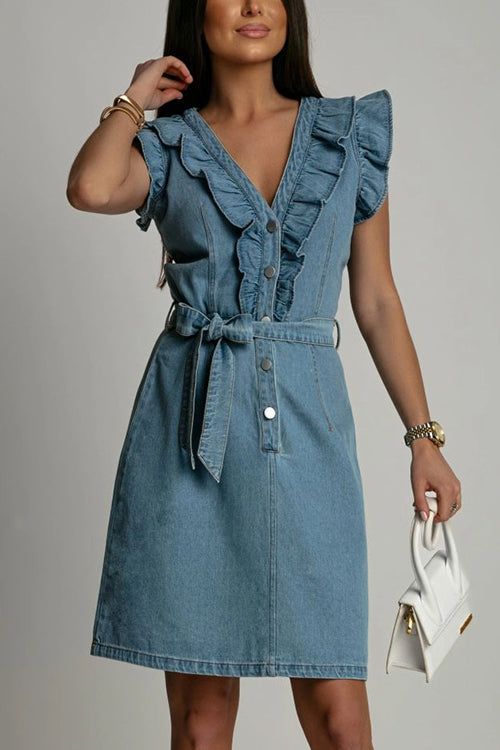 V Neck Button Up Tie Waist Ruffle Trim Denim Dress