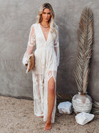 Lace Long-sleeved V-neck Solid Color Chiffon Long Dress