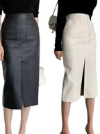 PU Leather Deep Fork Skirts