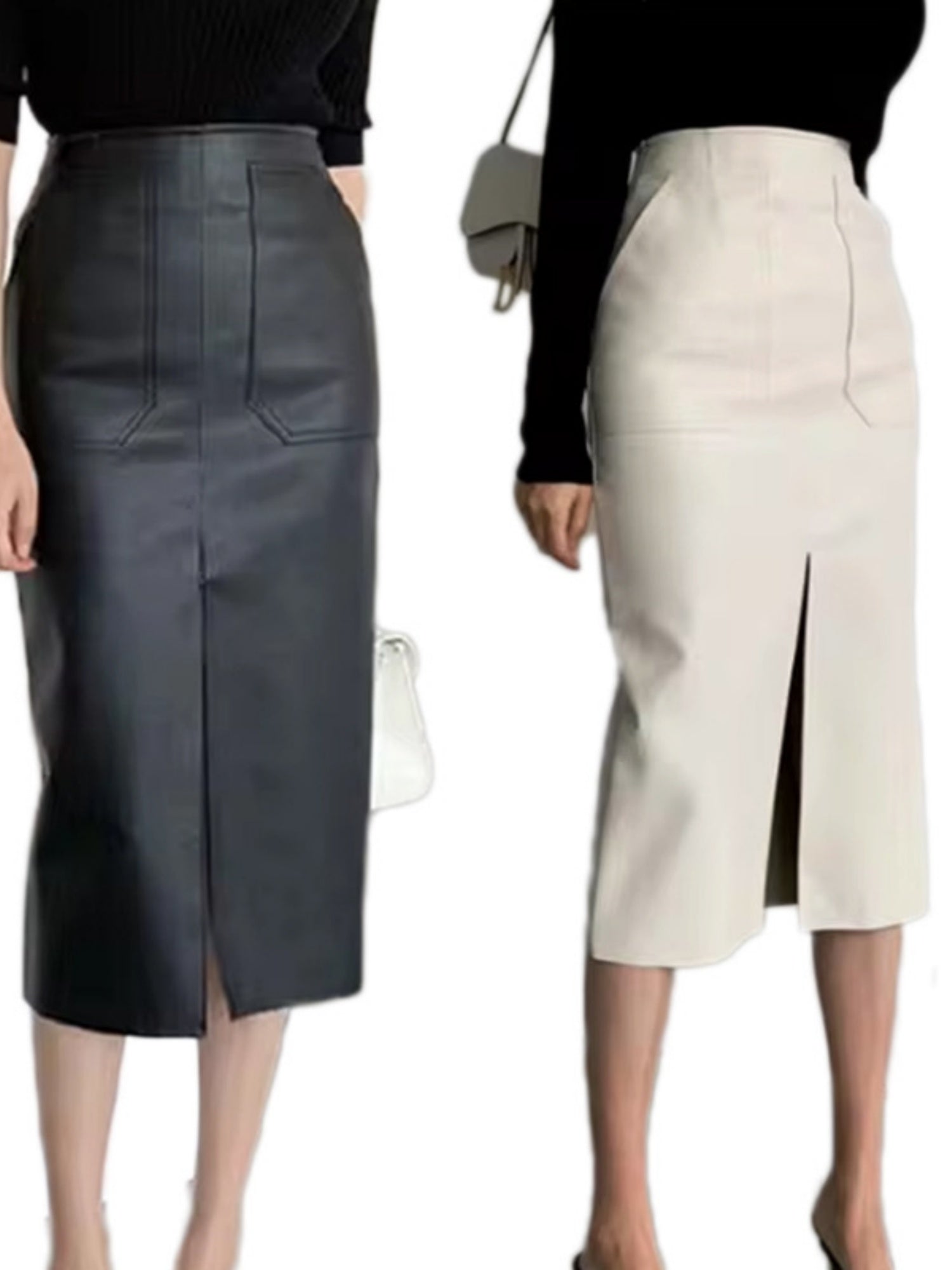 PU Leather Deep Fork Skirts