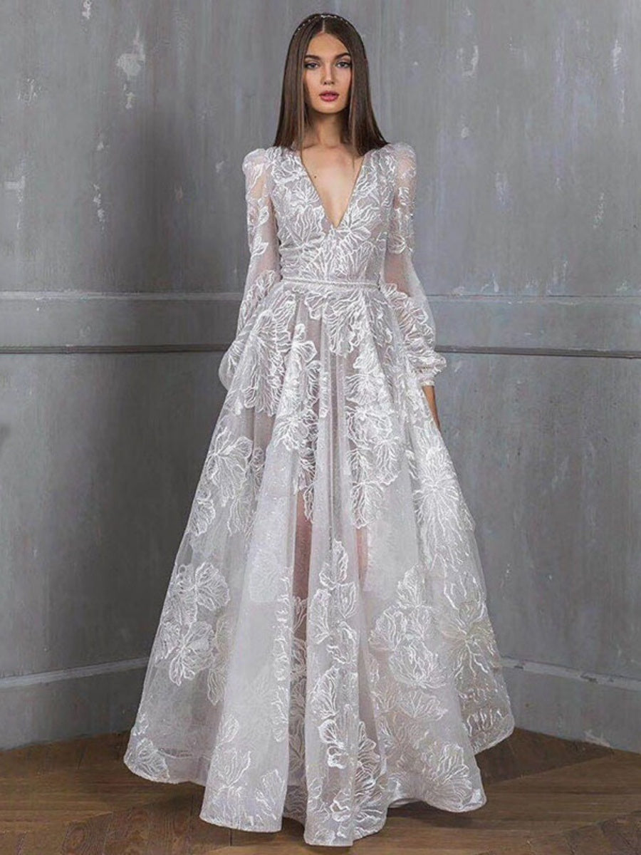 Lace Embroidery V-neck Maxi Dresses