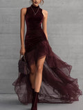 Velvet Turtleneck Sleeveless Irregular Hem Chiffon Evening Dress Maxi Dresses