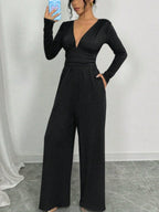 Deep V Solid Color Ribbed Sexy Slim Waist Elegant Jumpsuit