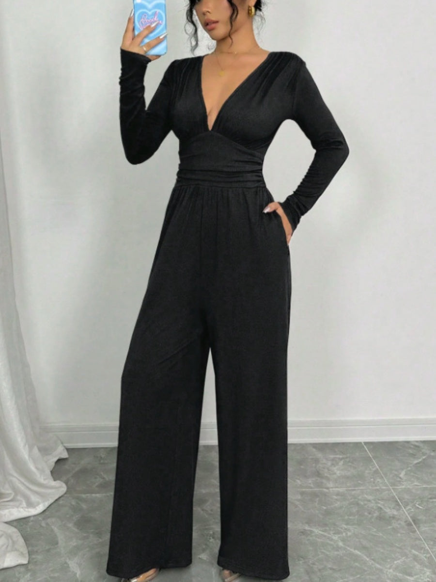 Deep V Solid Color Ribbed Sexy Slim Waist Elegant Jumpsuit