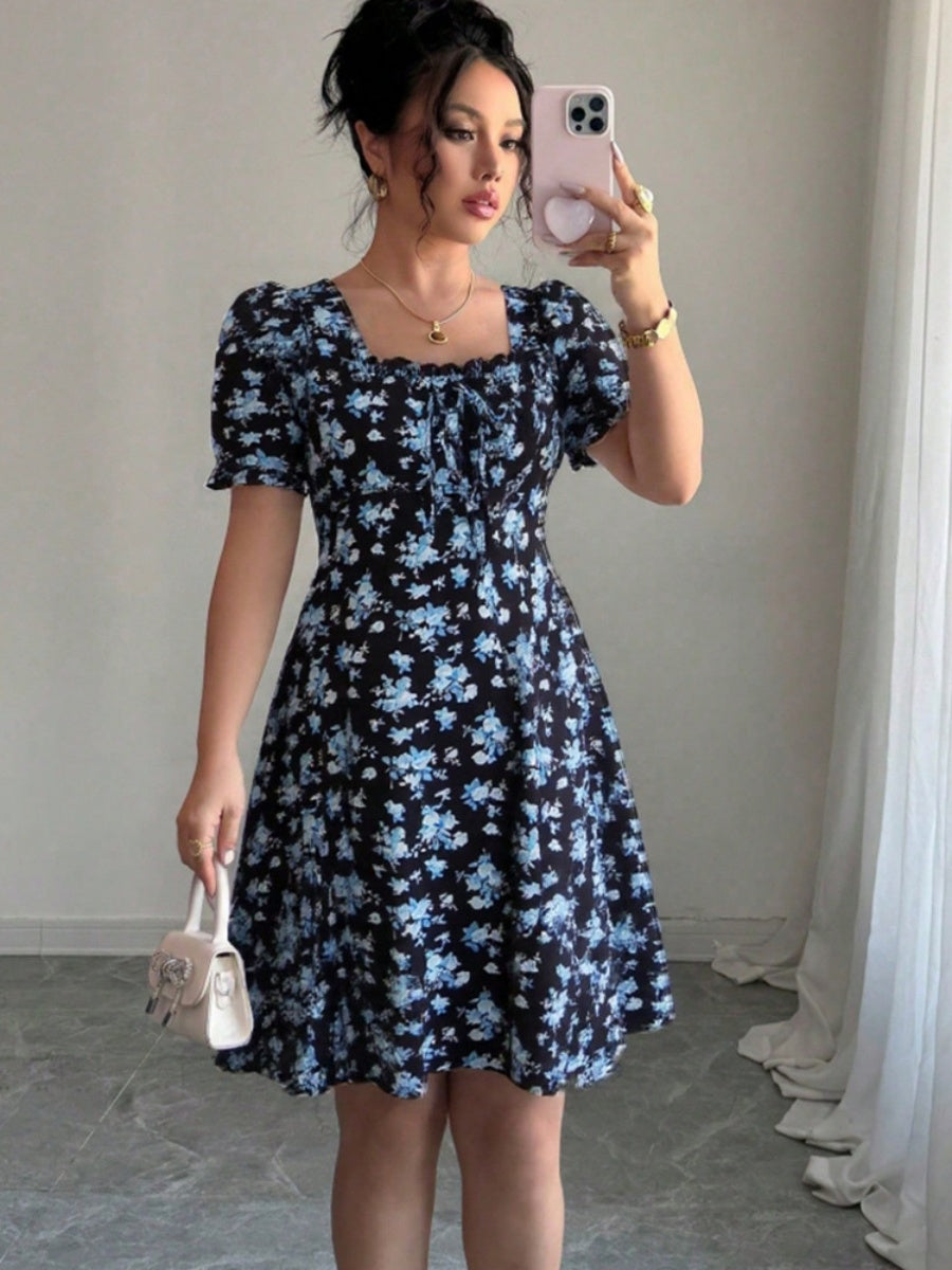 Floral Print Puff Sleeve Bow Tie Short Dress