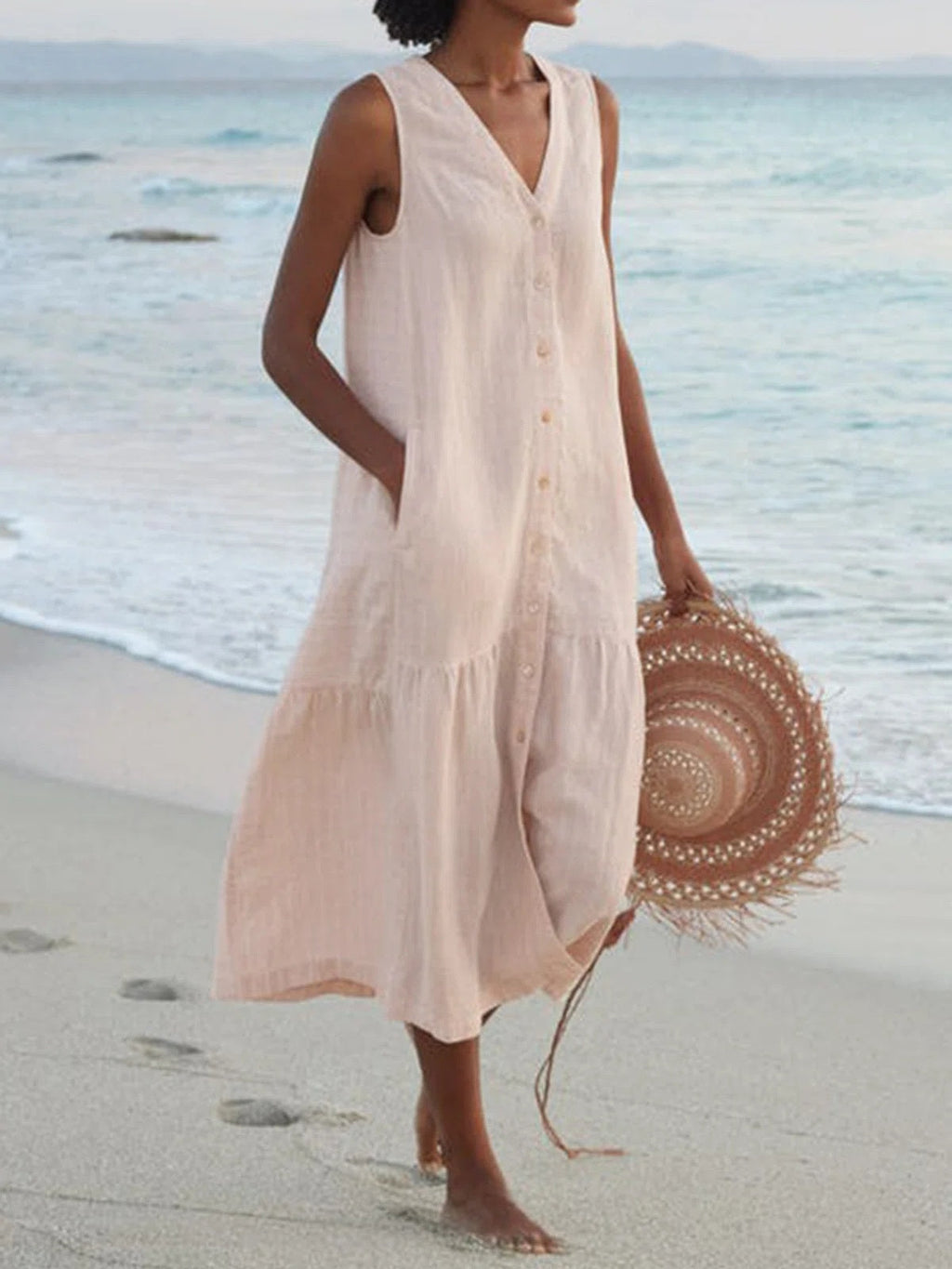 Loose-fitting V-neck Midi Dress