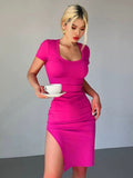 Slit Slim Fit Hip Body Square Neck Short Sleeve Mini&Short Dresses