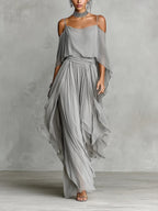 Gray Chiffon Off-shoulder Camisole Wide-leg Pants Two-piece Set