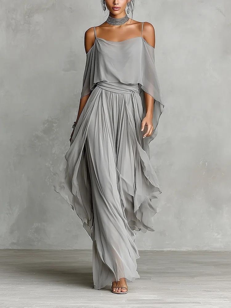 Gray Chiffon Off-shoulder Camisole Wide-leg Pants Two-piece Set