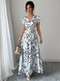 Ruffle Leaf Print V-neck Sexy Slim-fit Long Dress