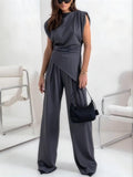 Irregular Sleeveless Tank Tops Gathering Pants 2-piece Sets