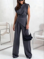 Irregular Sleeveless Tank Tops Gathering Pants 2-piece Sets