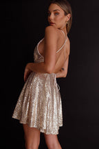 Sequin Deep V-Neck Tie Waist Fit and Flare Mini Dress