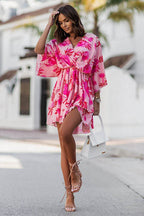Abstract Print Plunging V-Neck Twist Front Bell Sleeve Tiered Mini Dress