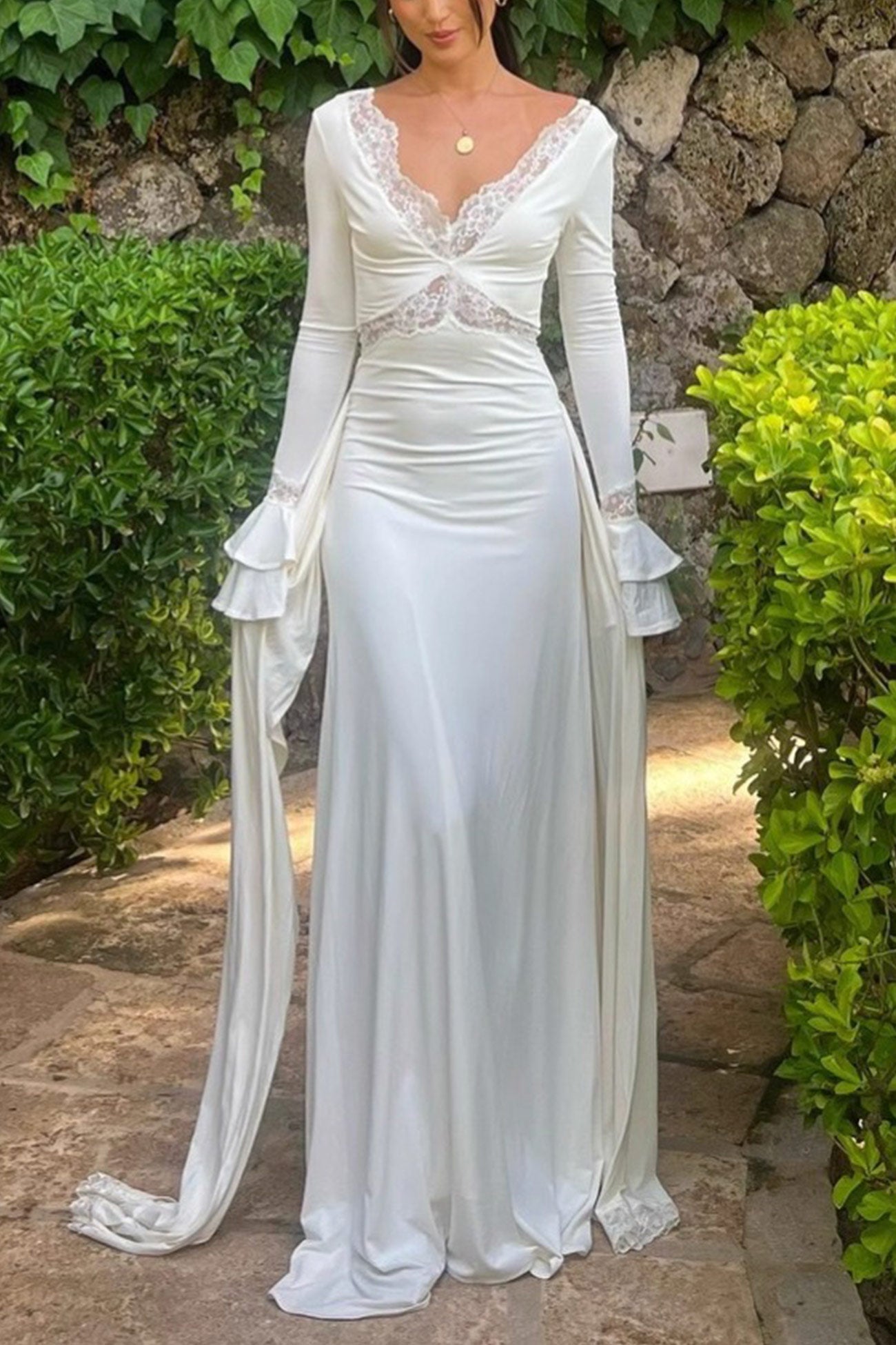 Lace Trim Deep V-Neck Criss Cross Bodice Ruffle Cuff Draped Panel Maxi Gown