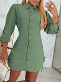 Long-sleeved Solid Color Short Dress With Drawstring Buttons On Both Sides