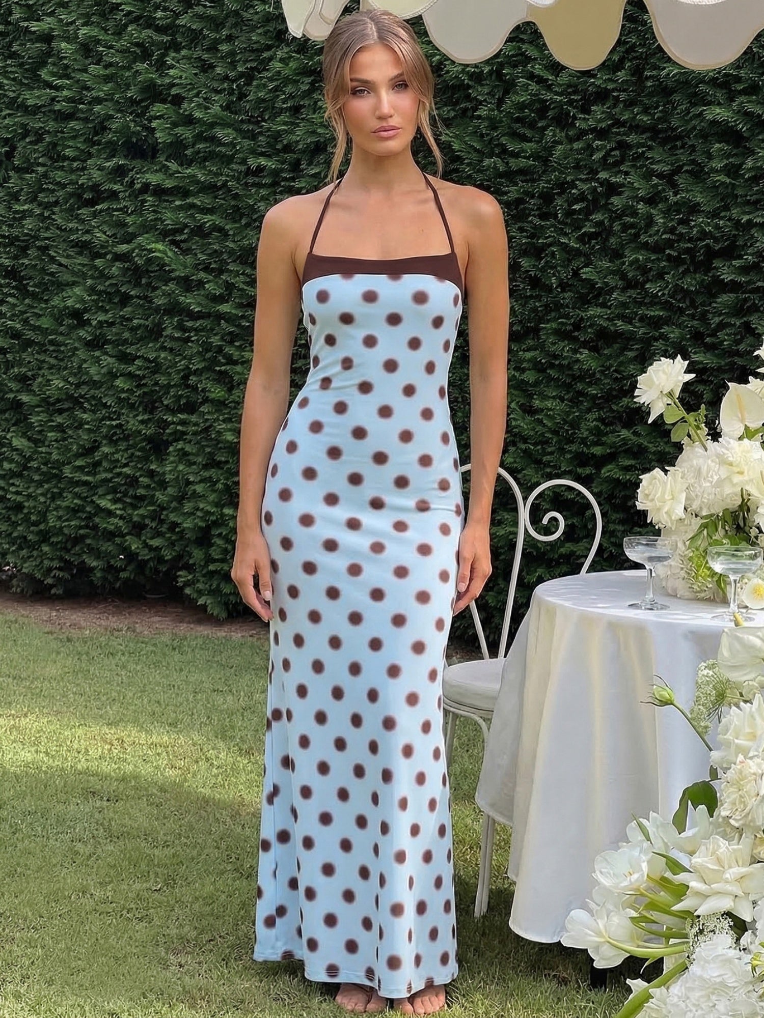 Polka Dots Color-blocked Halter Neck And Backless Maxi Dresses