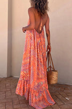 Halter Backless Printed Maxi Ruffle Swing Dress