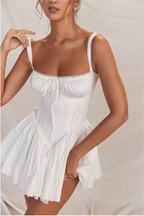 Ruched Tie Front Lace Trim Corset Babydoll Pleated Lace Hem Mini Dress
