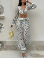 Cropped Top Bandage Long Sleeve Knitted Pants Pants Floral Set 2-piece Sets