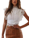 Lace Trim Hollow Out Splicing Flying Sleeves Tank Tops