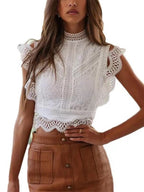 Lace Trim Hollow Out Splicing Flying Sleeves Tank Tops