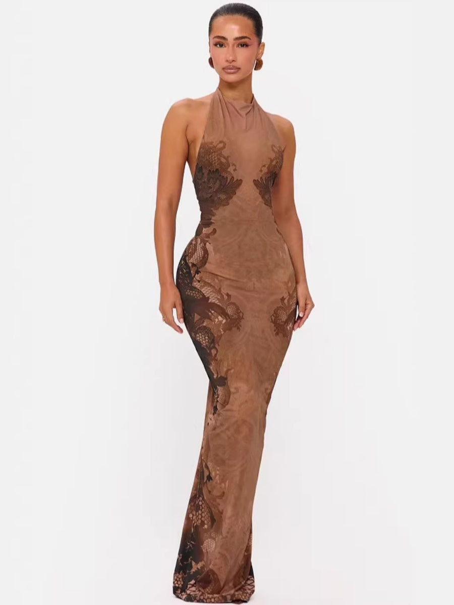 Halter French Backless Printed Formal Dress Maxi Dresses