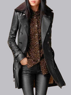 Black Thickening Fur Collar Buttons Leather Mid-length Jackets