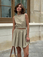 Flax Cotton Crew Neck Vest Jacket Loose-fit Short Skirt Set 2-piece Sets