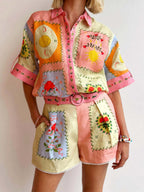 Floral Print Casual And Stylish Linen Shirt And Shorts Two-piece Set