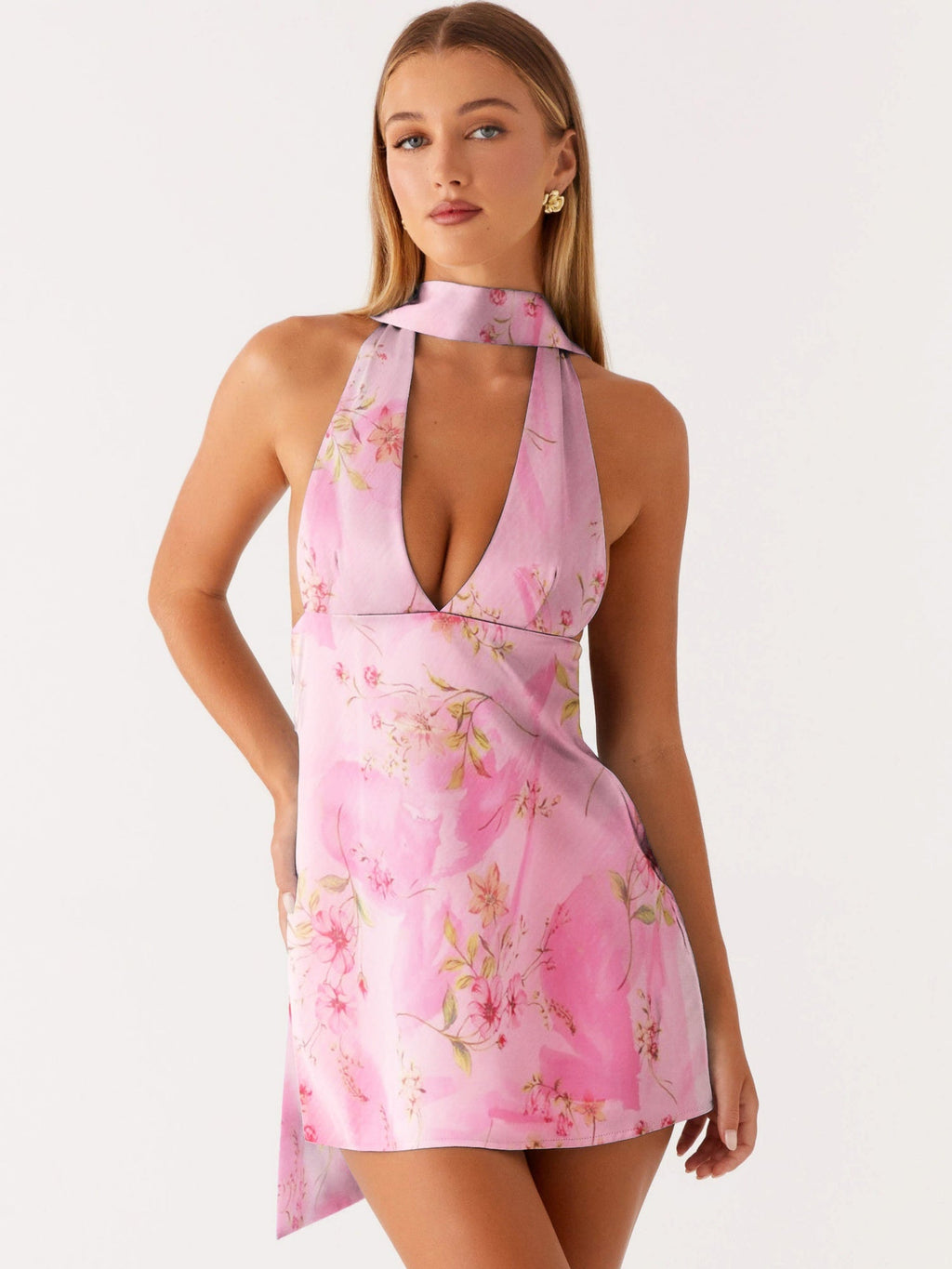 Printed Halter Neck Deep V Backless Mini&Short Dresses