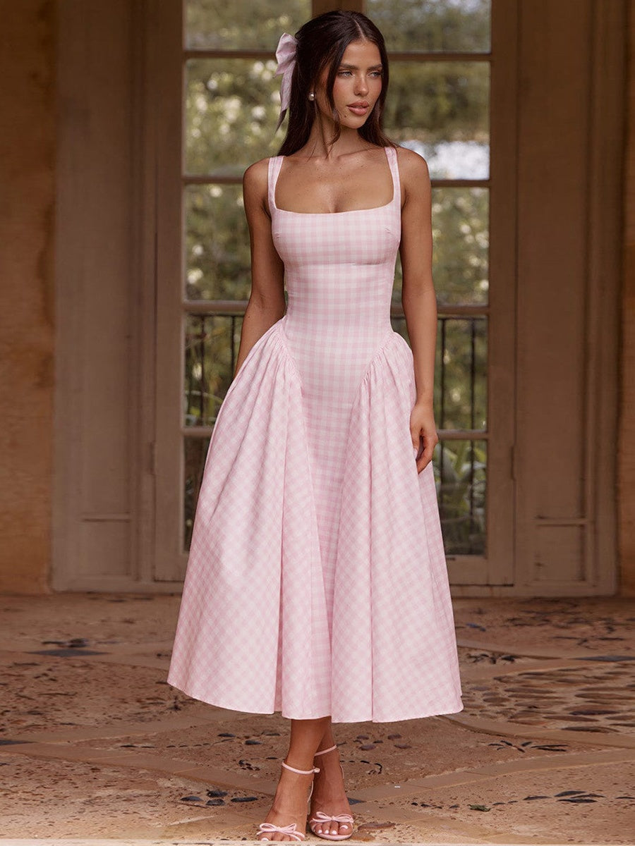 Plaid Print, Fitted Waist, Sexy Backless Halter Maxi Dress