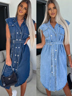 Denim Collared Sleeveless Studded Pockets Waist Tie Maxi Dresses