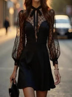 Mesh Perspective Splicing Bow Temperament Bandage Commuting Reunion Mini&Short Dresses